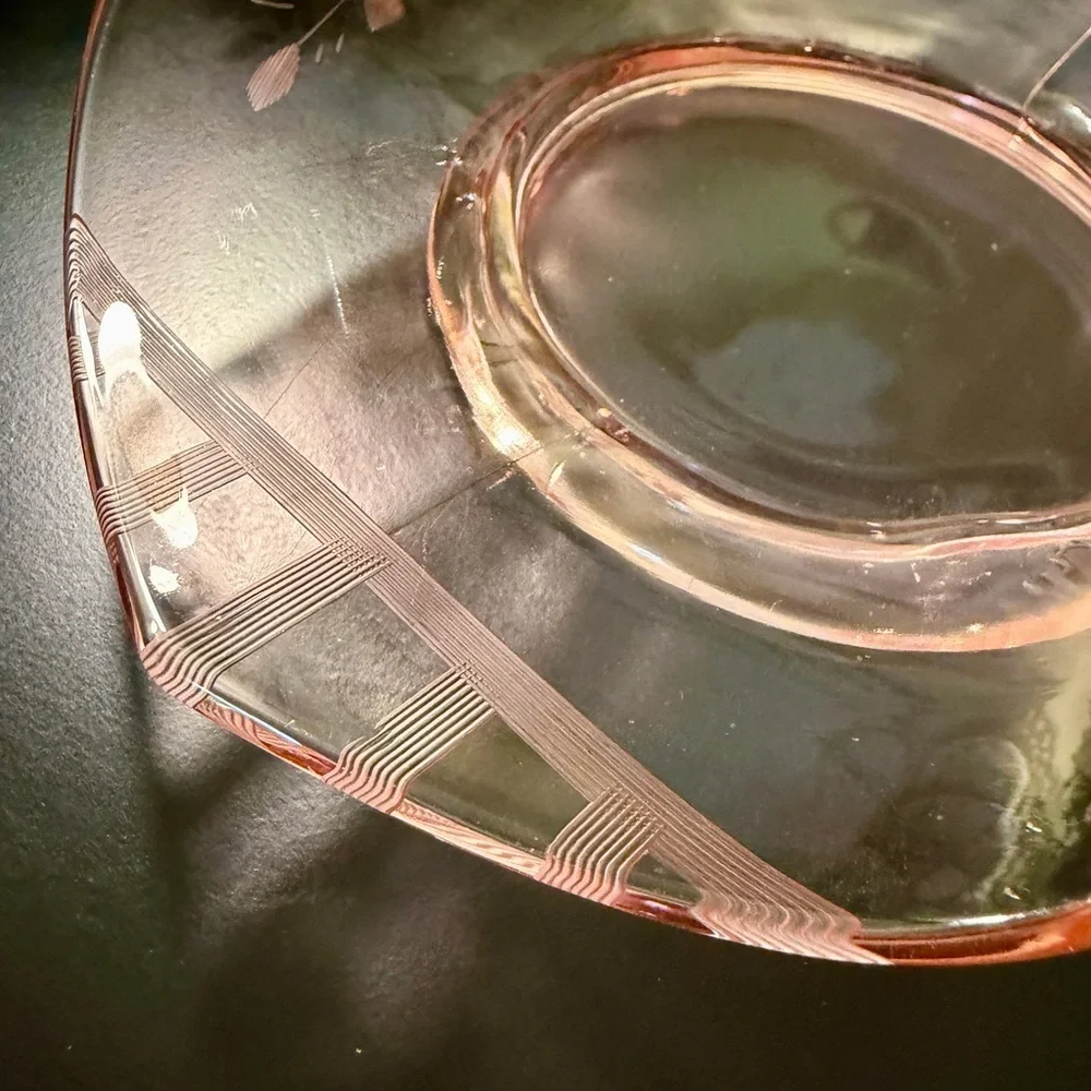 VINTAGE, PINK DEPRESSION GLASS DISH WITH FLORAL ETCHING ON SIDES